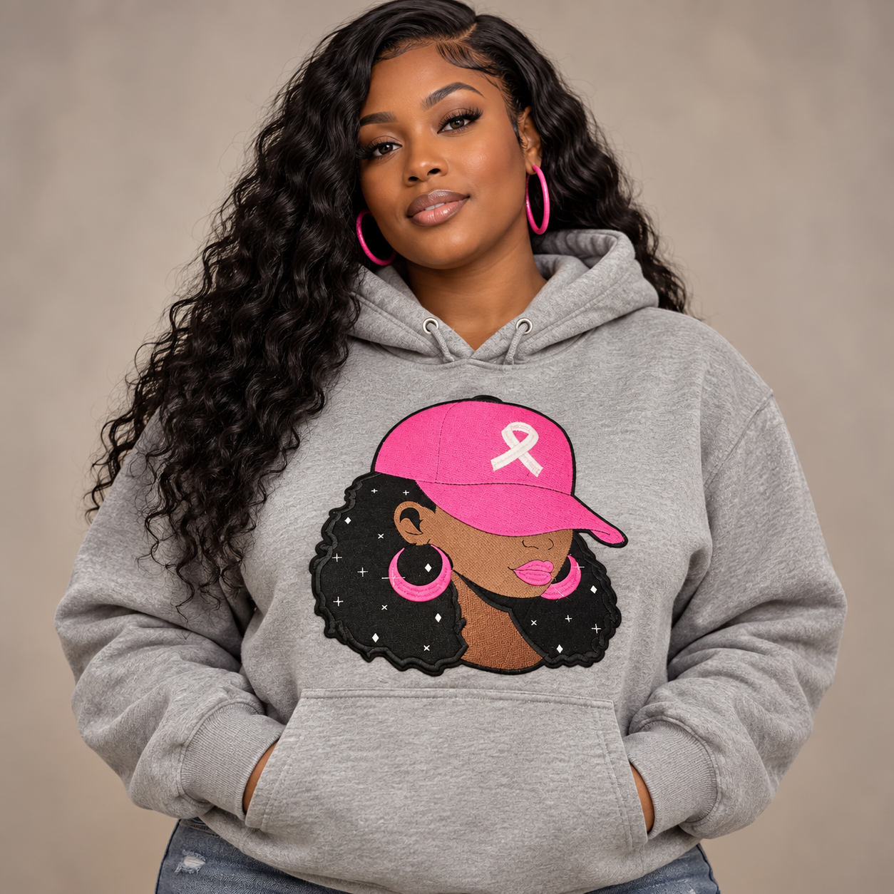 Pink Ribbon Afro Embroidered Patch Hoodie